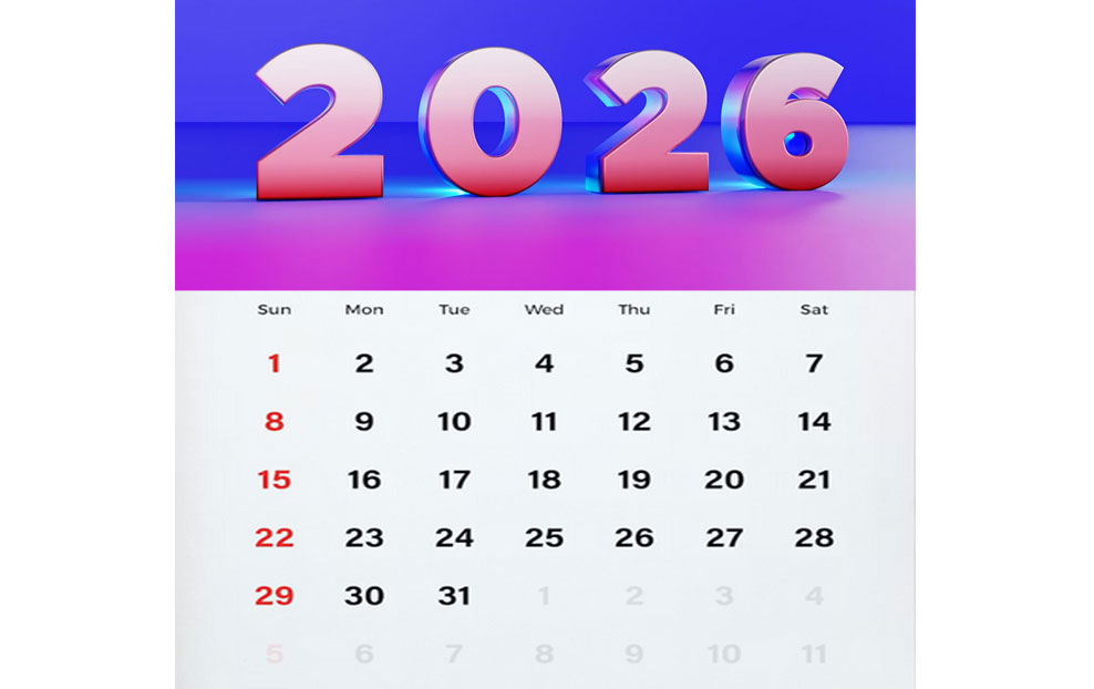 White monthly calendar with black numbers and days of the week, red numbers for Sunday dates, blue and pink banner with 2026 numbers in light red