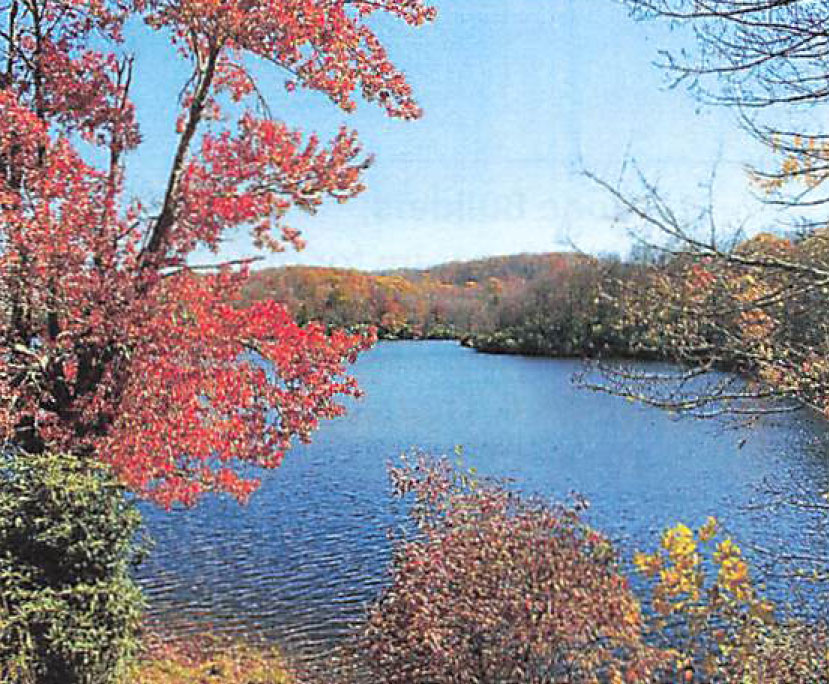 Trees with fall colors red, yellow, orange surrounding a blue lake